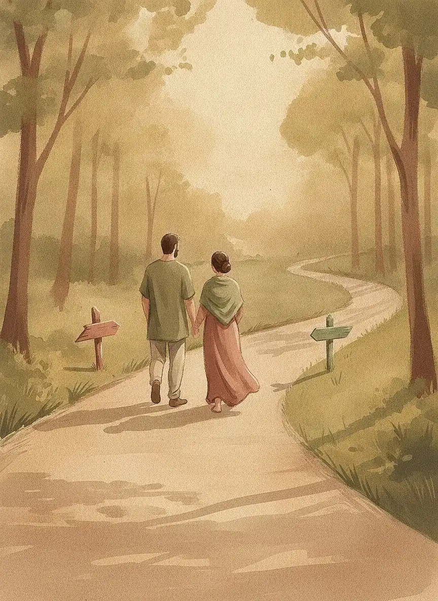 Illustration: a couple walks a woodland path holding hands; small trail markers stand along the way — a clay-red one on the left branch, a green one on the right.